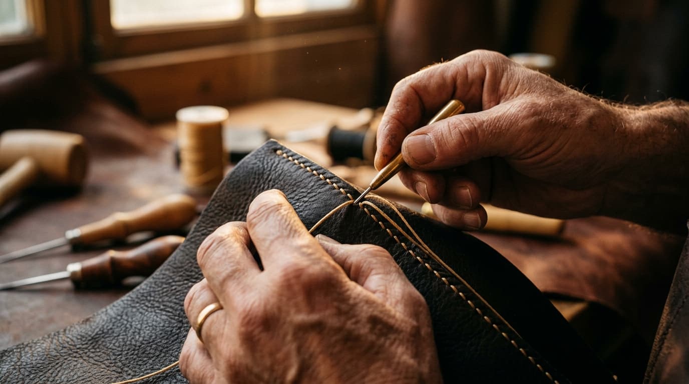 Maestro artesano cosiendo a mano con pespunte de guarnicionero