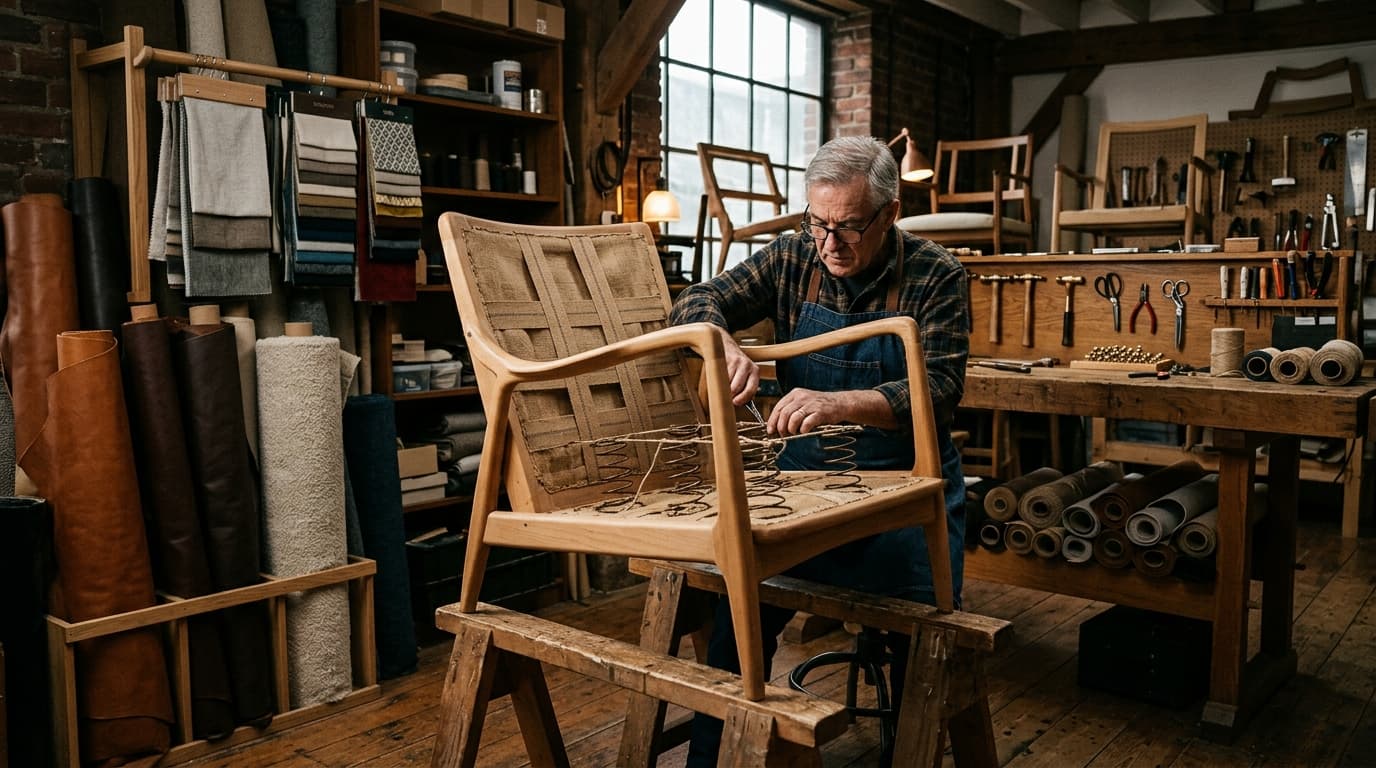 Maestro tapicero trabajando minuciosamente en el bastidor de un mueble artesanal